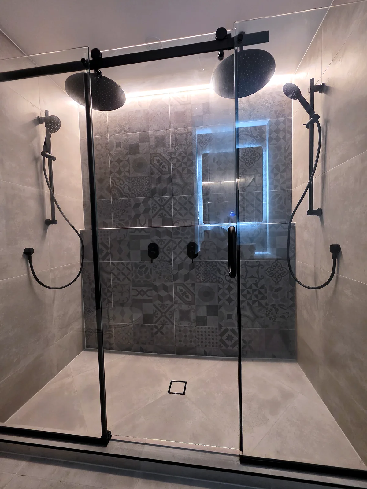 Walk-in double rainfall shower with feature tiling — Otahuhu bathroom renovation, Auckland